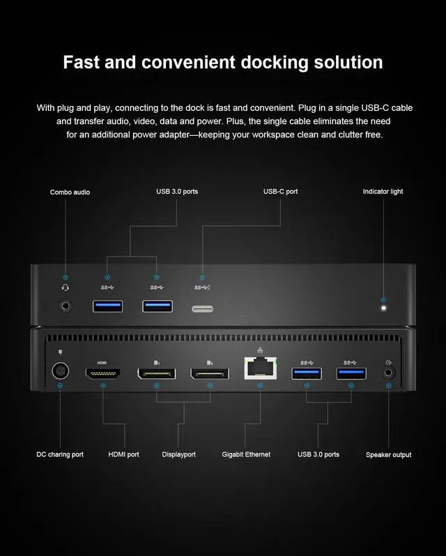 Alt view image 3 of 5 - D6000 Universal Docking Station,Up to Triple 4K or Single 5K Display by USB-C,Compatibility with Windows and MacOS,with 1 HDMI, 2 DisplayPort,1Gb Ethernet,4 USB3.0-A 1 Type-C,1 Audio,1 Speaker Out