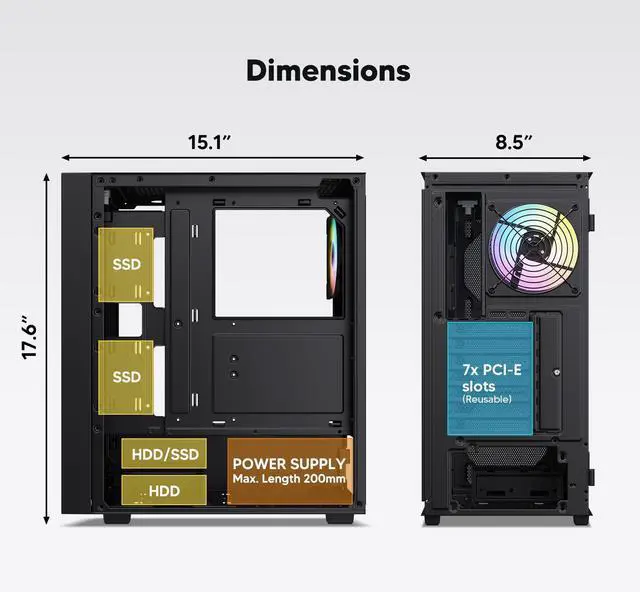 Alt view image 4 of 5 - Vetroo AL800 ATX Mid Tower PC Case Built-in ARGB LED Strip Pre-Installed ARGB & PWM FDB Fan with 1000W Power Supply 80 Plus Gold Full Modular ATX 3.1 PCIE 5.1 - Black