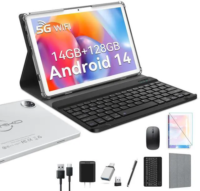 Main image of 2025 Latest Android 14 Tablet 10 inch with 128GB Rom+14GB Ram+2TB Expand, 4G Cellular Tablets with Dual Sim Slot, 2 in 1 Tablet with Case/Keyboard/Mouse, 5G&2.4G Wifi, Octa-Core GPS 8000mAh (Silver)
