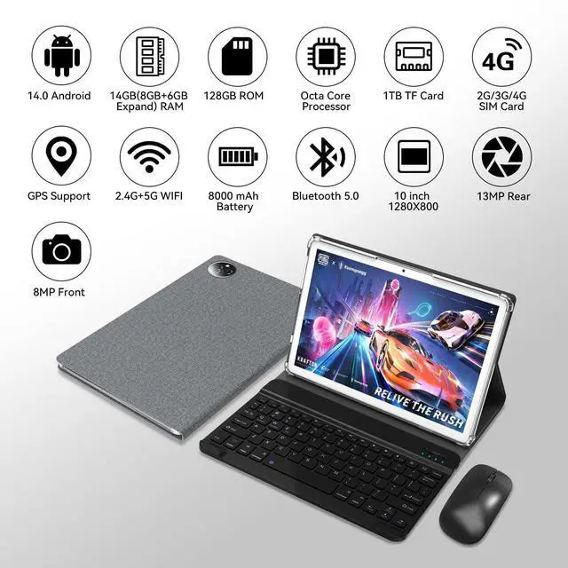Alt view image 2 of 5 - 2025 Latest Android 14 Tablet 10 inch with 128GB Rom+14GB Ram+2TB Expand, 4G Cellular Tablets with Dual Sim Slot, 2 in 1 Tablet with Case/Keyboard/Mouse, 5G&2.4G Wifi, Octa-Core GPS 8000mAh (Silver)