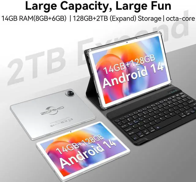 Alt view image 4 of 5 - 2025 Latest Android 14 Tablet 10 inch with 128GB Rom+14GB Ram+2TB Expand, 4G Cellular Tablets with Dual Sim Slot, 2 in 1 Tablet with Case/Keyboard/Mouse, 5G&2.4G Wifi, Octa-Core GPS 8000mAh (Silver)