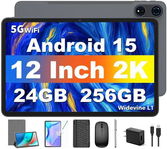 Main image of Tablet 12 inch Android 15 Tablets, 24GB8+16RAM+256 Storage(Expand to 1TB), Android Tablet with Keyboard, Octa-Core, 2K 2000x1200 Display, 16MP Dual Camera, 8000mAh, 5G WiFi,GPS,Bluetooth 5.0Silver