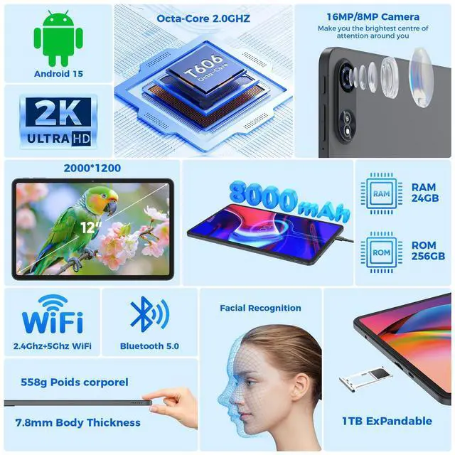 Alt view image 3 of 5 - Tablet 12 inch Android 15 Tablets, 24GB8+16RAM+256 Storage(Expand to 1TB), Android Tablet with Keyboard, Octa-Core, 2K 2000x1200 Display, 16MP Dual Camera, 8000mAh, 5G WiFi,GPS,Bluetooth 5.0Silver