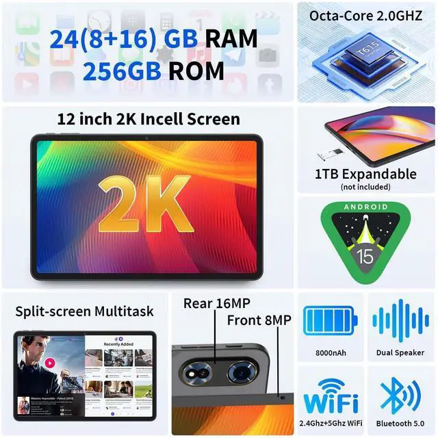 Alt view image 2 of 5 - 12 Inch Tablet Android 15 Tablets, 2025 Upgraded Android Tablet with Keyboard, 24GB RAM+256GB ROM(1TB Expand), Octa-Core, 2K 2000x1200 Display, 16MP Dual Camera, 8000mAh, 2.4G/5G WiFi, GPS (Silver