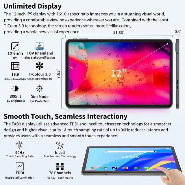 Alt view image 3 of 5 - 12 Inch Tablet Android 15 Tablets, 2025 Upgraded Android Tablet with Keyboard, 24GB RAM+256GB ROM(1TB Expand), Octa-Core, 2K 2000x1200 Display, 16MP Dual Camera, 8000mAh, 2.4G/5G WiFi, GPS (Silver