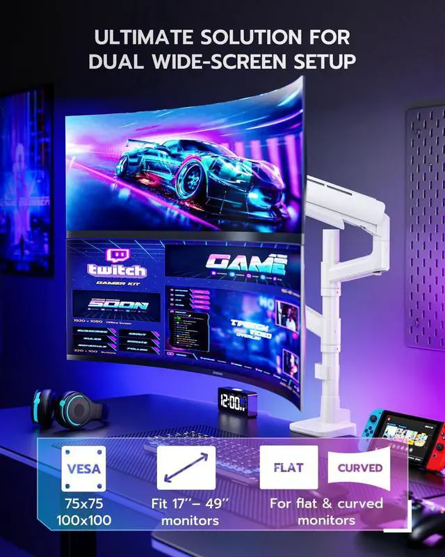 Alt view image 2 of 5 - Vertical Dual Monitor Mount for 17-49 Inch Ultrawide Heavy Duty Curved Screen Stacking, Computer Monitor Arm Desk Mount, Gas Spring Adjustable Vesa Stand, White