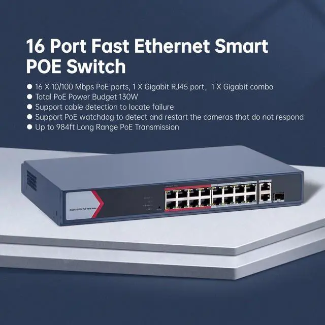 Alt view image 2 of 5 - DS-3E1318P-EI/M HIK 16 Port Fast Ethernet Smart PoE Switch with 16X 10/100Mbps PoE Ports & 1X Gigabit RJ45 Port, 130W PoE Power Budget, Plug & Play, Sturdy Metal, Fanless(OEM No Logo)