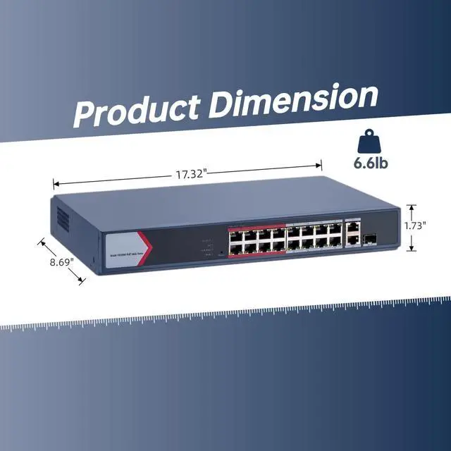 Alt view image 3 of 5 - DS-3E1318P-EI/M HIK 16 Port Fast Ethernet Smart PoE Switch with 16X 10/100Mbps PoE Ports & 1X Gigabit RJ45 Port, 130W PoE Power Budget, Plug & Play, Sturdy Metal, Fanless(OEM No Logo)