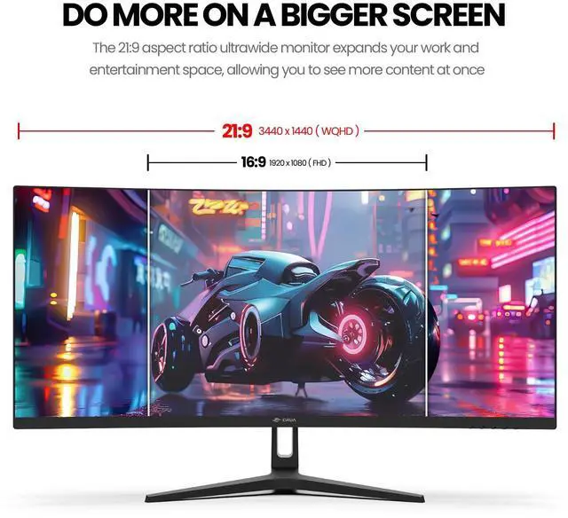 Alt view image 4 of 5 - CRUA 34Inch Ultrawide Gaming Monitor, WQHD(3440 * 1440P) 144Hz/165Hz Curved Monitor,120% sRGB, Computer Monitor That Supports AMD Freesync, Wall Mountable Installs(HDMI, DP)-Black