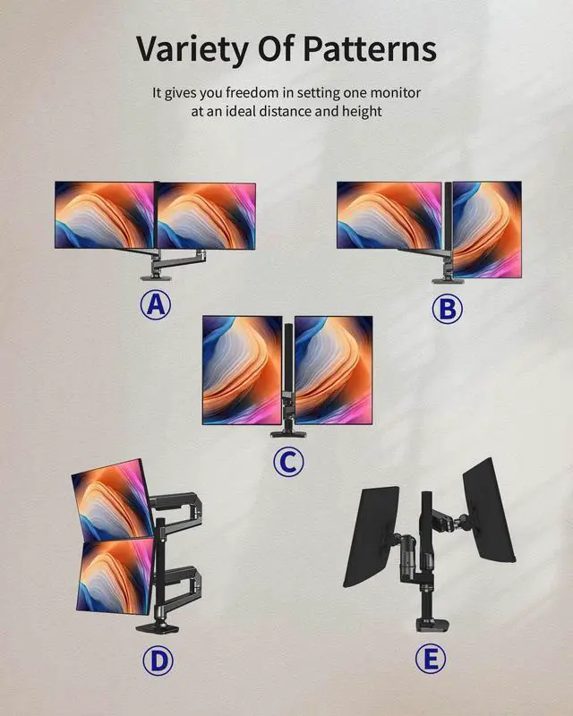 Alt view image 4 of 5 - Ergounion Dual Monitor Mount, Holds Screens up to 40 Inches and 25 lbs, Fully Adjustable Dual Monitor Arm with C-Clamp and Grommet Base, Aluminum, Black