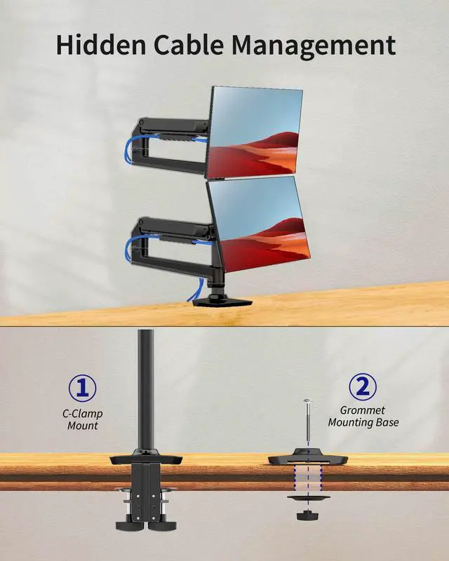 Alt view image 5 of 5 - Ergounion Dual Monitor Mount, Holds Screens up to 40 Inches and 25 lbs, Fully Adjustable Dual Monitor Arm with C-Clamp and Grommet Base, Aluminum, Black