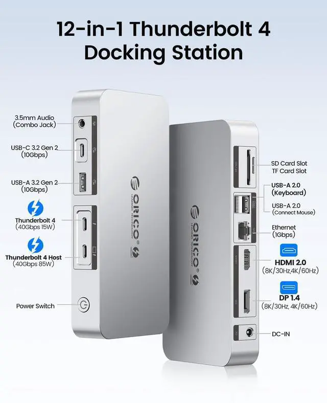Alt view image 3 of 5 - ORICO Thunderbolt 4 Dock,40Gbps 12-in-1 HUB Docking Station Support Single 8K/Dual 4K and Daisy Chain Expansion,Compatible HDMI/DP Port,SD/TF Slots Ideals for Media Editor-TB4