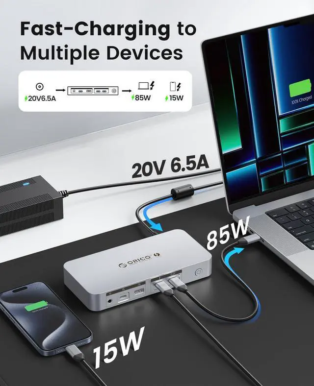 Alt view image 5 of 5 - ORICO Thunderbolt 4 Dock,40Gbps 12-in-1 HUB Docking Station Support Single 8K/Dual 4K and Daisy Chain Expansion,Compatible HDMI/DP Port,SD/TF Slots Ideals for Media Editor-TB4