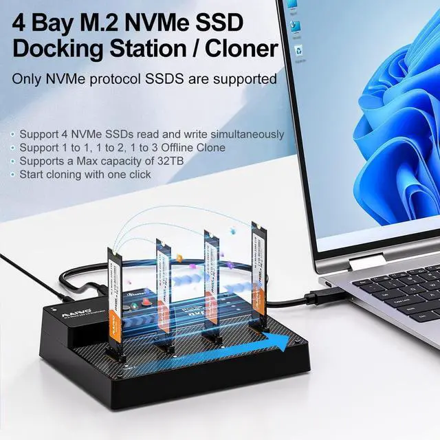 Alt view image 2 of 5 - MAIWO 4 Bay M.2 NVMe SSD Dock with Cooling Fan, USB4.0 NVMe Cloner Duplicator, Supports 1-to-3 Offline Clone & Software RAID,40Gbps High Speed, Backward Compatible Thunderbolt 4/3