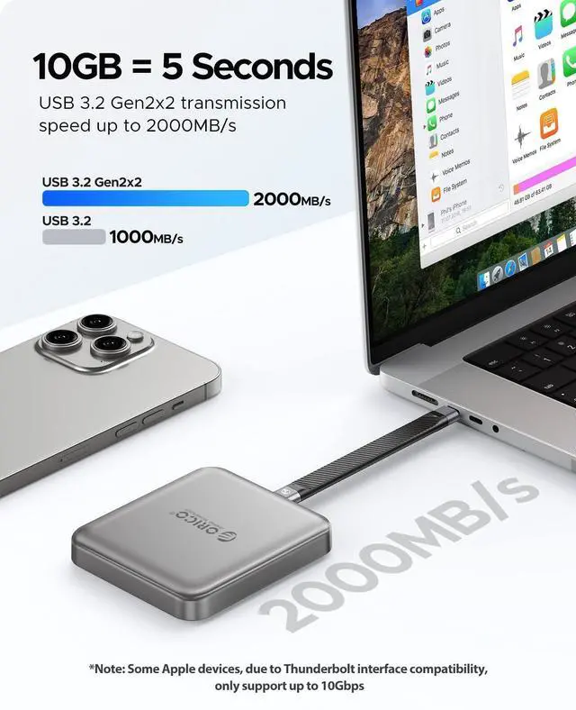 Alt view image 4 of 5 - ORICO 2TB Magnetic External SSD, 4K ProRes HDR Record and Store, USB3.1 (1000MB/s), USB3.2 Gen2*2(2000MB/s), Portable Solid State Drive, Compatible with USB-C Smartphone(iPhone15/16 Only) - A20PLUS