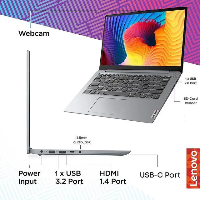 Alt view image 4 of 4 - Lenovo 2022 Ideapad 1i 14.0" HD Laptop, Intel Pentium Silver N5030 Processor, 4GB RAM, 128GB SSD, Intel HD Graphics, HD Webcam, Gray, Win 11 S, 1 Year Office 365, 32GB SnowBell USB Card