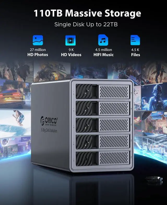 Alt view image 3 of 5 - ORICO RAID 5 Bay HDD Enclosures USB 3.0 Push-Pull Mounting for 3.5-inch HDD, Max 110TB, External Direct Attached Storage 8 RAID Modes Supported 9858RU3