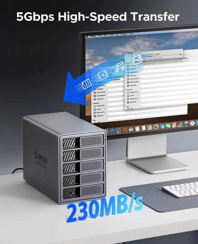 Alt view image 4 of 5 - ORICO RAID 5 Bay HDD Enclosures USB 3.0 Push-Pull Mounting for 3.5-inch HDD, Max 110TB, External Direct Attached Storage 8 RAID Modes Supported 9858RU3