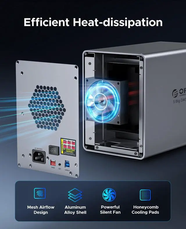 Alt view image 5 of 5 - ORICO RAID 5 Bay HDD Enclosures USB 3.0 Push-Pull Mounting for 3.5-inch HDD, Max 110TB, External Direct Attached Storage 8 RAID Modes Supported 9858RU3