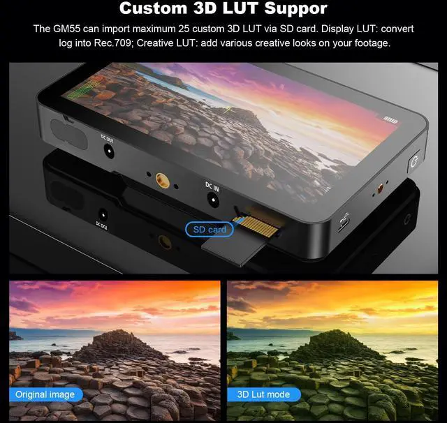 Alt view image 2 of 5 - GODOX GM55 Touch Screen DSLR Camera Field Monitor 5.5 Inch 4K 410nit 4K HDMI in and Out Exposure Focus 3D LUT 160°Wide View Angle DC/Battery 8V/1.5A Powered 1920x1080 External Monitor