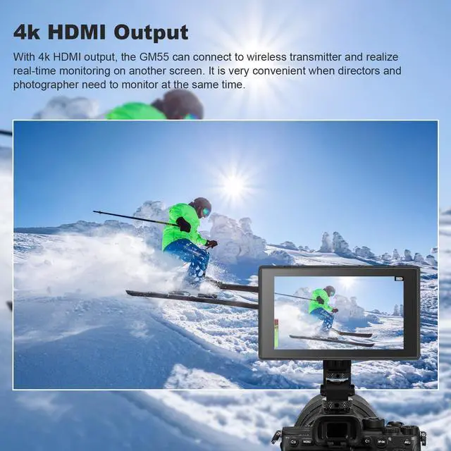 Alt view image 3 of 5 - GODOX GM55 Touch Screen DSLR Camera Field Monitor 5.5 Inch 4K 410nit 4K HDMI in and Out Exposure Focus 3D LUT 160°Wide View Angle DC/Battery 8V/1.5A Powered 1920x1080 External Monitor