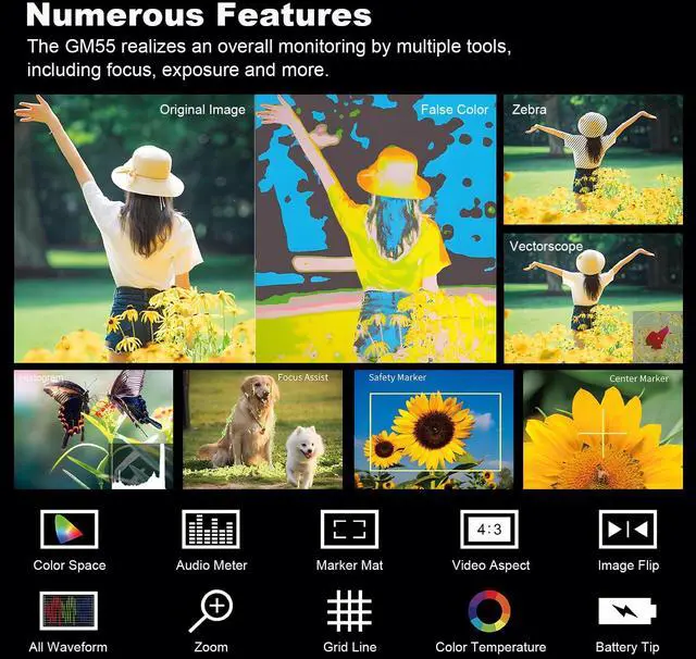 Alt view image 5 of 5 - GODOX GM55 Touch Screen DSLR Camera Field Monitor 5.5 Inch 4K 410nit 4K HDMI in and Out Exposure Focus 3D LUT 160°Wide View Angle DC/Battery 8V/1.5A Powered 1920x1080 External Monitor