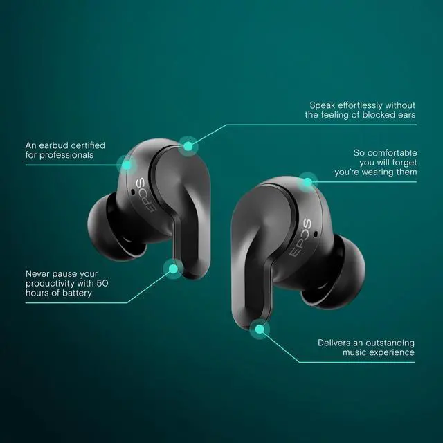 Alt view image 2 of 5 - EPOS ADAPT E1 True Wireless Earbuds Black - Hybrid ANC, Multi-Point Bluetooth, Microsoft Teams & Made for iPhone Certified, 50H Battery, Wireless Charging, Semi Open, USB C Dongle IPX5 Water Resistant