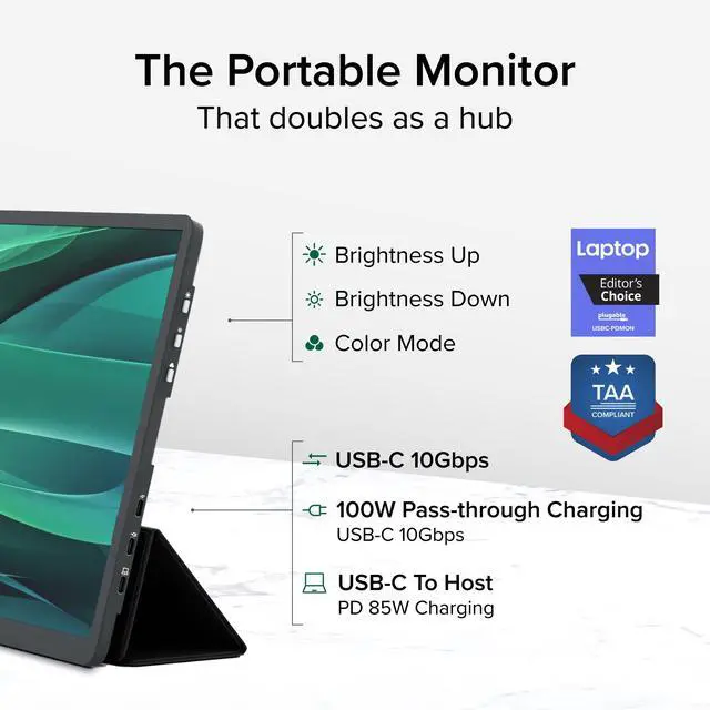Alt view image 2 of 5 - Plugable USB C Portable Monitor 15.6 Inch, 100W Pass-Through Charging for Your Laptop Smartphone Tablet, 3x USB-C 10Gbps Hub FHD 1920x1080 IPS Travel Display 1.85lbs, Protective Case/Stand, USBC-PDMON