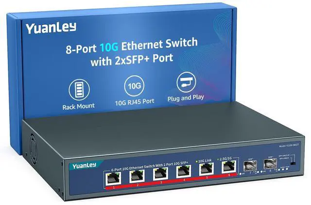 Main image of YuanLey 8-Port 10G Ethernet Switch, 6 x 10Gbps RJ45 Ports, 2X 10Gbe SFP+ Ports, Support 10G/5G/2.5G/1G/100Mbps Speed Auto-Negotiation, 160Gbps Switching Capacity, Unmanaged Switch Rackmountable