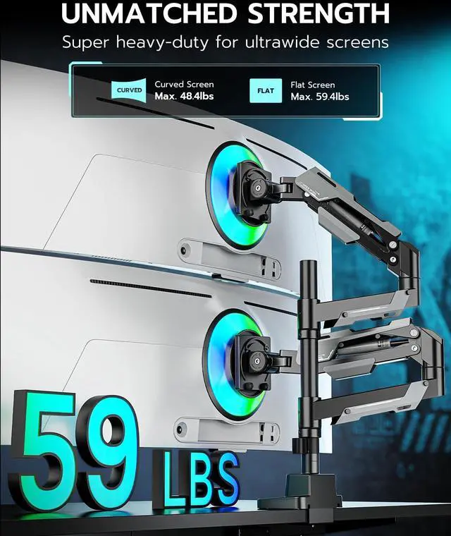 Alt view image 2 of 5 - ARES WING Dual Monitor Mount, Adjustable Stacked Monitor Stand with USB A/C, Heavy Duty Gas Spring Monitor Desk Stand for 2 Monitors for 24-57 Inch Ultrawide Screen, 75/100/200 Vesa Mount, Black
