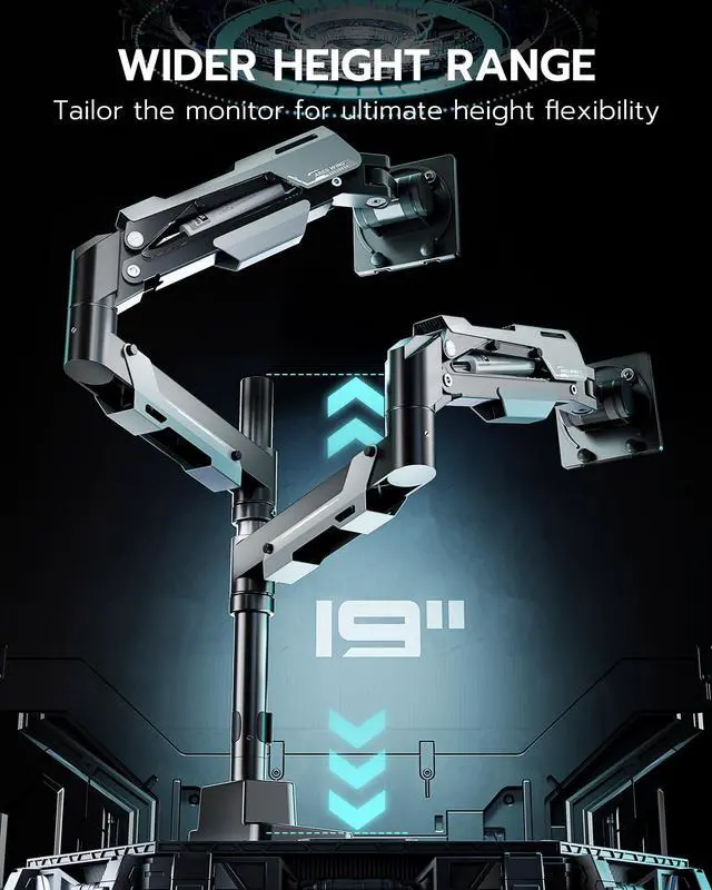 Alt view image 4 of 5 - ARES WING Dual Monitor Mount, Adjustable Stacked Monitor Stand with USB A/C, Heavy Duty Gas Spring Monitor Desk Stand for 2 Monitors for 24-57 Inch Ultrawide Screen, 75/100/200 Vesa Mount, Black