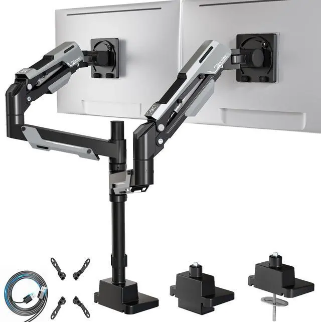 Main image of ARES WING Dual Monitor Mount, Adjustable Stacked Monitor Stand with USB A/C, Heavy Duty Gas Spring Monitor Desk Stand for 2 Monitors for 24-57 Inch Ultrawide Screen, 75/100/200 Vesa Mount, Black