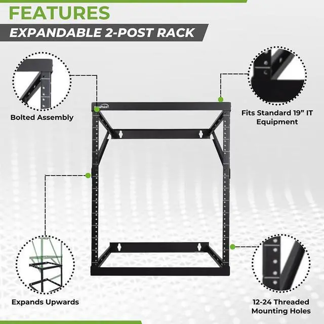 Alt view image 2 of 5 - NavePoint 8U, 12U, 22U Height Expandable 2 Post Wall Mount Rack - Adjustable Server Rack for 19 Inch Standard IT Equipment - Wall Mount Rack 17.5" Deep, Black