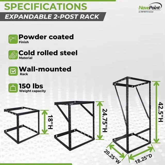 Alt view image 4 of 5 - NavePoint 8U, 12U, 22U Height Expandable 2 Post Wall Mount Rack - Adjustable Server Rack for 19 Inch Standard IT Equipment - Wall Mount Rack 17.5" Deep, Black