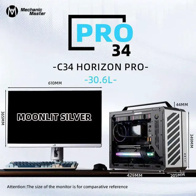 Alt view image 2 of 5 - Mechanic Master C34Pro Compact Desktop PC Case with Carry Handle | 360mm AIO Support, ATX/E-ATX (27cm Width), Long GPU Compatibility, Modular Design & Switchable 5-Slot Mode(Moonlight Silver)
