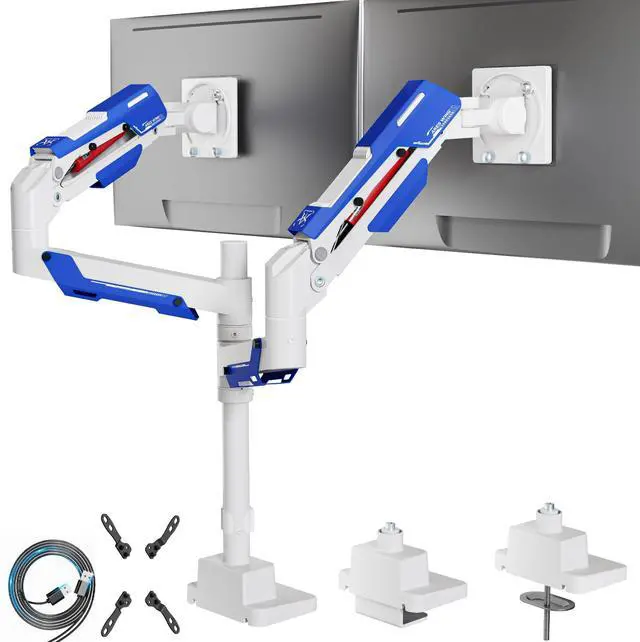 Main image of ARES WING Dual Monitor Mount, Adjustable Stacked Monitor Stand with USB A/C, Heavy Duty Gas Spring Monitor Desk Stand for 2 Monitors for 24-57 Inch Ultrawide Screen, 75/100/200 Vesa Mount, White