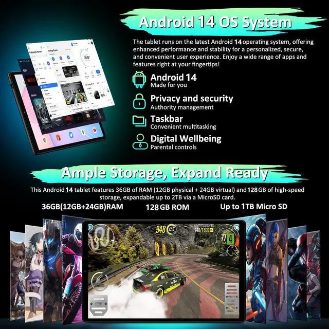 Alt view image 3 of 5 - POWMUS 2025 Latest Android 14 Tablets,10 Inch Tablet with 24GB RAM 128GB ROM Expand 1TB,8000mAh Battery, FHD LCD Screen,Support 5G WiFi/BT5.0/GPS, 2 in 1 Android Tablet with Keyboard Gray