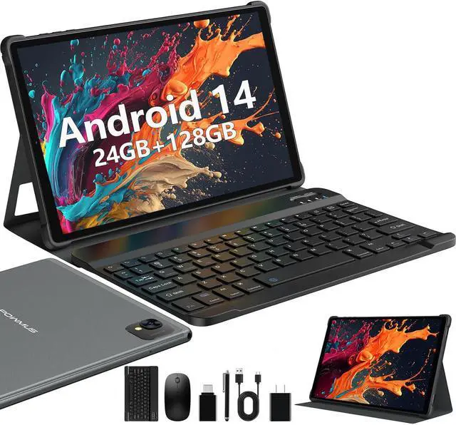 Main image of POWMUS 2025 Latest Android 14 Tablets,10 Inch Tablet with 24GB RAM 128GB ROM Expand 1TB,8000mAh Battery, FHD LCD Screen,Support 5G WiFi/BT5.0/GPS, 2 in 1 Android Tablet with Keyboard Gray