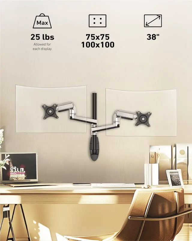 Alt view image 2 of 5 - Ergounion Dual Monitor Wall Mount for Flat or Curved Screens up to 38" Within 25 lbs, Full Motion Adjustable Monitor Arm with Cable Management, VESA 75x75/100x100mm, Silver