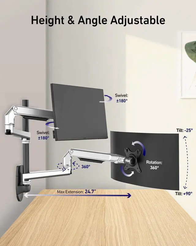 Alt view image 3 of 5 - Ergounion Dual Monitor Wall Mount for Flat or Curved Screens up to 38" Within 25 lbs, Full Motion Adjustable Monitor Arm with Cable Management, VESA 75x75/100x100mm, Silver