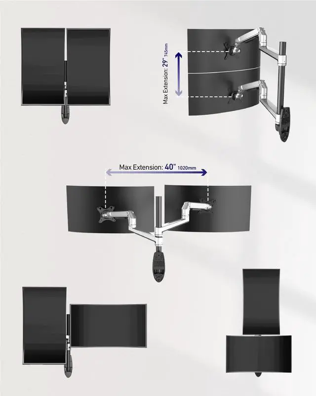 Alt view image 4 of 5 - Ergounion Dual Monitor Wall Mount for Flat or Curved Screens up to 38" Within 25 lbs, Full Motion Adjustable Monitor Arm with Cable Management, VESA 75x75/100x100mm, Silver