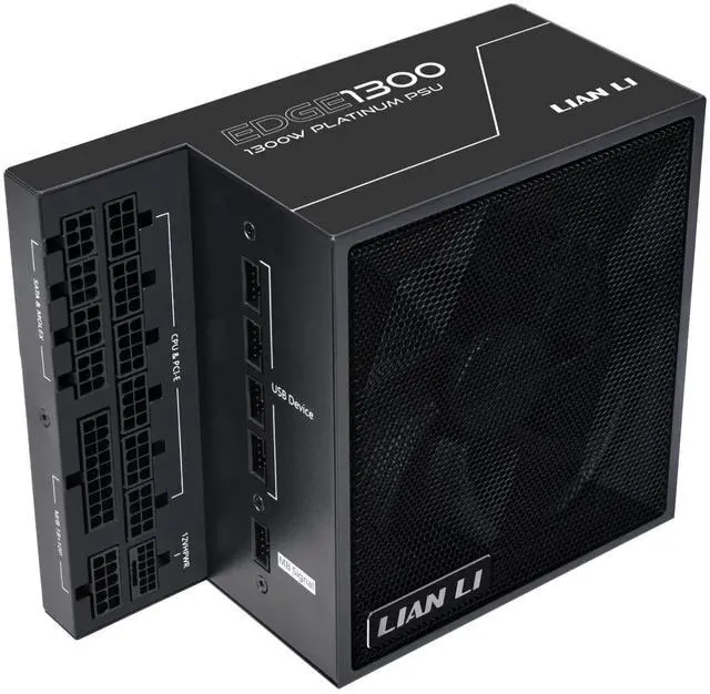 Main image of Lian Li Edge Series-1300W Full Modular Power Supply-80 Plus Platinum-ATX 3.0, 3.1-PCIE 5.1-L-Shape Design for Dual Chamber Case-120mm FDB Fan-Supports up to 4X USB Devices-Black (EG1300BE.US)