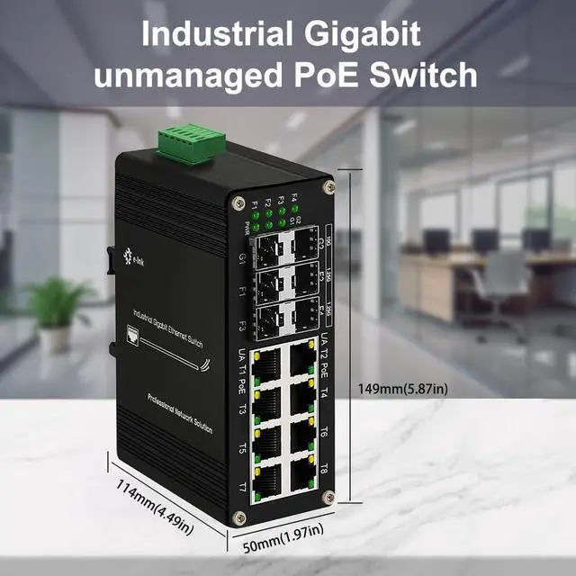Alt view image 5 of 5 - Industrial 8-Port Gigabit Ethernet Plus Switch with 2x10G SFP+ and 4x1.2.5G SFP, 10/100/1000Mbps, DIN Rail Mount Unmanaged Ethernet Fiber Switch