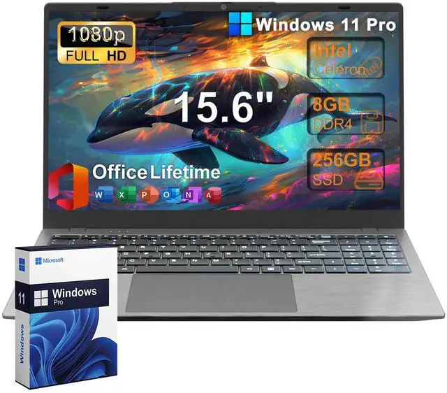 Main image of 2025 Laptop Computer 15 15.6 Inch FHD 1080p, Windows 11 Pro, 8GB RAM, 256GB SSD, Dual-Core Intel Celeron(Up to 2.6GHz), Bluetooth, Numeric Keypad, Free MS Office for School College Students Business