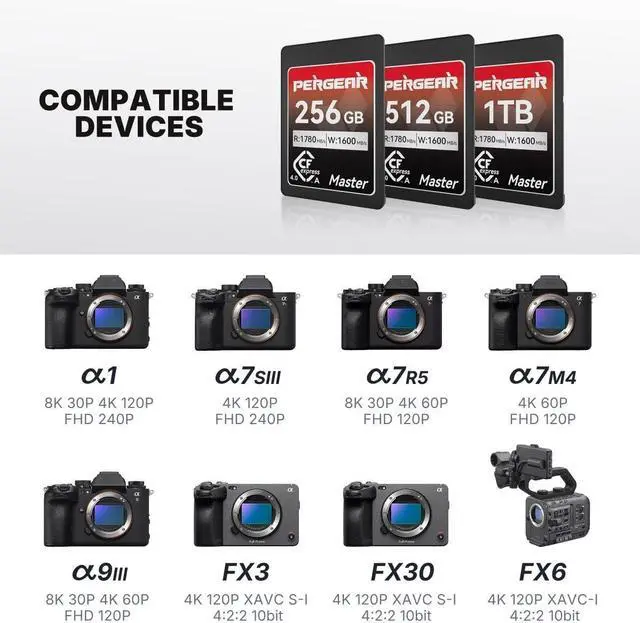 Alt view image 3 of 5 - Pergear 256GB CFexpress 4.0 Type A Memory Card (2-Pack),Up to 1780MB/S Read Speeds,USB4.0(PCIe 4.0),Raw,8K 30P Record,Compatible for Sony Camera,ILME-FX3,ILME-FX6,ILME-FX30(Black Silver Master Series)