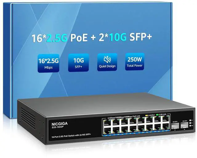 Main image of 16 Port 2.5G PoE Switch Unmanaged with 16 Port 2.5Gb Base-T PoE+@250W + 2 x 10G SFP+ Uplink, NICGIGA 18 Port 2.5Gbe IEEE802.3af/at Power Over Ethernet Switch, Support WiFi6 AP, NAS, 4K PoE Camera NVR.