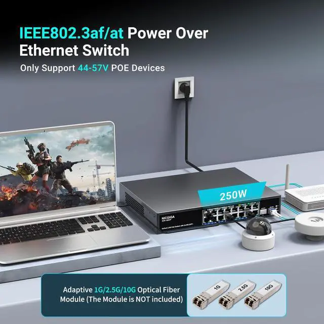 Alt view image 3 of 5 - 16 Port 2.5G PoE Switch Unmanaged with 16 Port 2.5Gb Base-T PoE+@250W + 2 x 10G SFP+ Uplink, NICGIGA 18 Port 2.5Gbe IEEE802.3af/at Power Over Ethernet Switch, Support WiFi6 AP, NAS, 4K PoE Camera NVR.
