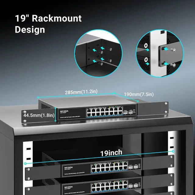 Alt view image 5 of 5 - 16 Port 2.5G PoE Switch Unmanaged with 16 Port 2.5Gb Base-T PoE+@250W + 2 x 10G SFP+ Uplink, NICGIGA 18 Port 2.5Gbe IEEE802.3af/at Power Over Ethernet Switch, Support WiFi6 AP, NAS, 4K PoE Camera NVR.
