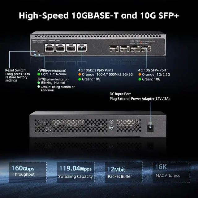 Alt view image 3 of 5 - Binardat 8 Port 10 Gigabit Managed Switch, 4x10G RJ45 Ethernet,Support 1G/2.5G/5G/10G, 4x10G SFP+, 160Gbps Bandwidth, L3 Web Managed, Metal Small Network Switch