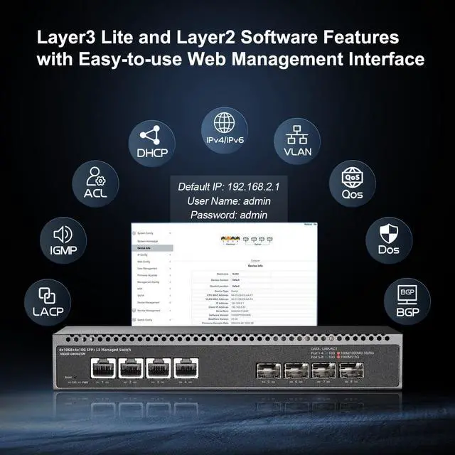 Alt view image 4 of 5 - Binardat 8 Port 10 Gigabit Managed Switch, 4x10G RJ45 Ethernet,Support 1G/2.5G/5G/10G, 4x10G SFP+, 160Gbps Bandwidth, L3 Web Managed, Metal Small Network Switch